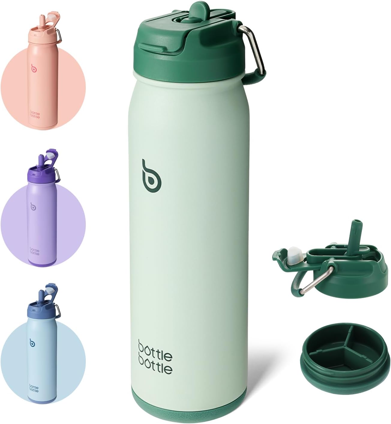 BOTTLE BOTTLE Insulated Water Bottle Stainless Steel 700ml(24oz) Bike Water Bottles with Straw and Adjustable Lid Daily Drink Flask Pill Organizer (green)