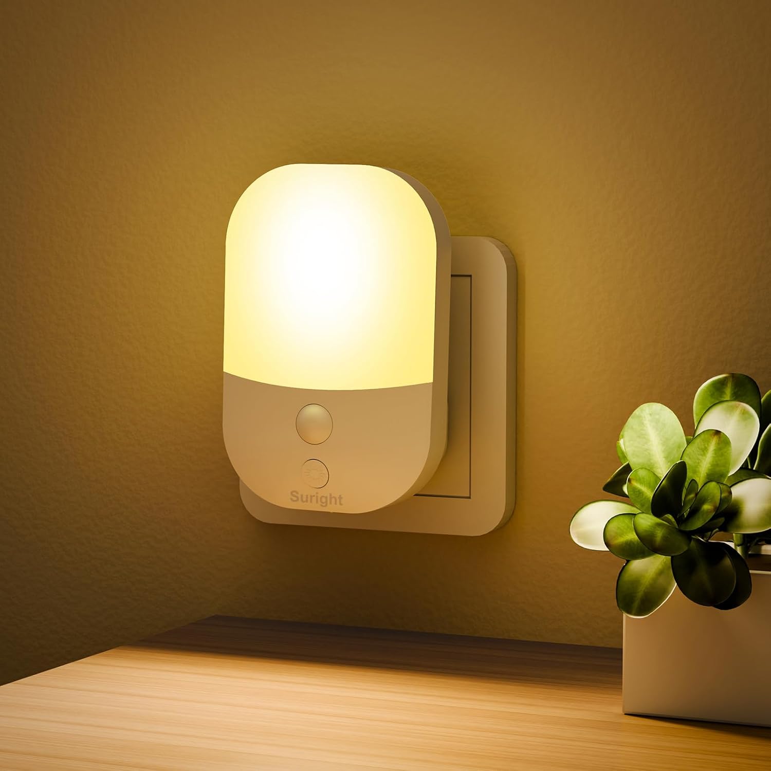 Night Light Plug in Wall with Dusk to Dawn Photocell Sensor, 5 Brightness Levels, ON/Off/AUTO Lighting Mode, 3000K Warm White Night Light for Hallways, Stairs, Bedrooms, Kitchen, 0.3W, 1 Pack
