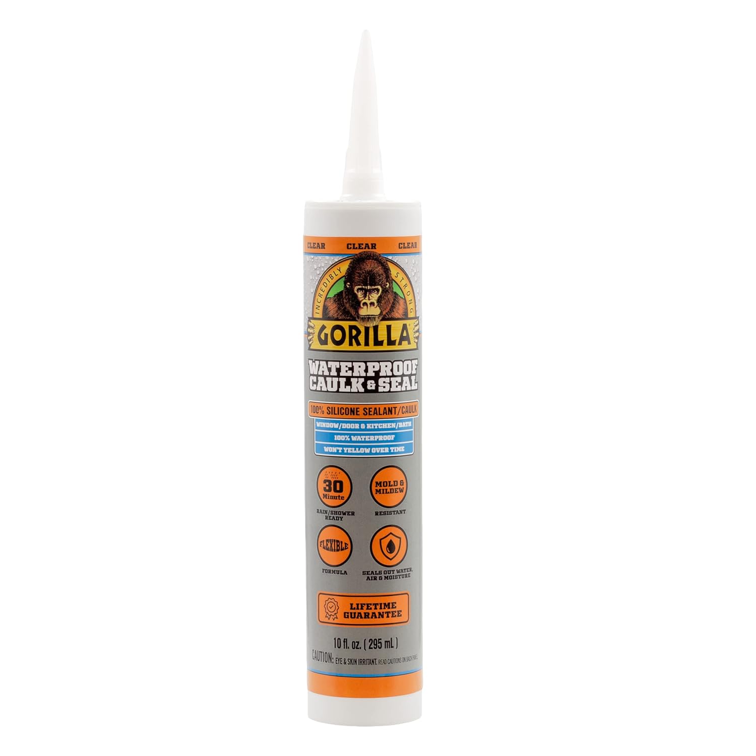 Gorilla Waterproof Caulk & Seal Silicone Sealant, 10oz Cartridge (Pack of 1) - Clear Caulking Sealant for Kitchen, Window, Bath, Marine, Door and More