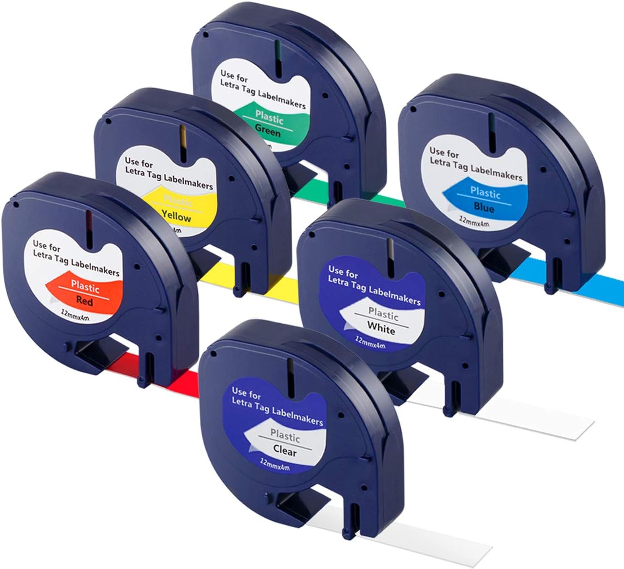 ABSOFINE 6Pcs LetraTag Label Plastic Colorful, 12 mm x 4 m Roll, Black on Transparent/White/Yellow/Red/Blue/Green, Replacement Label Tape