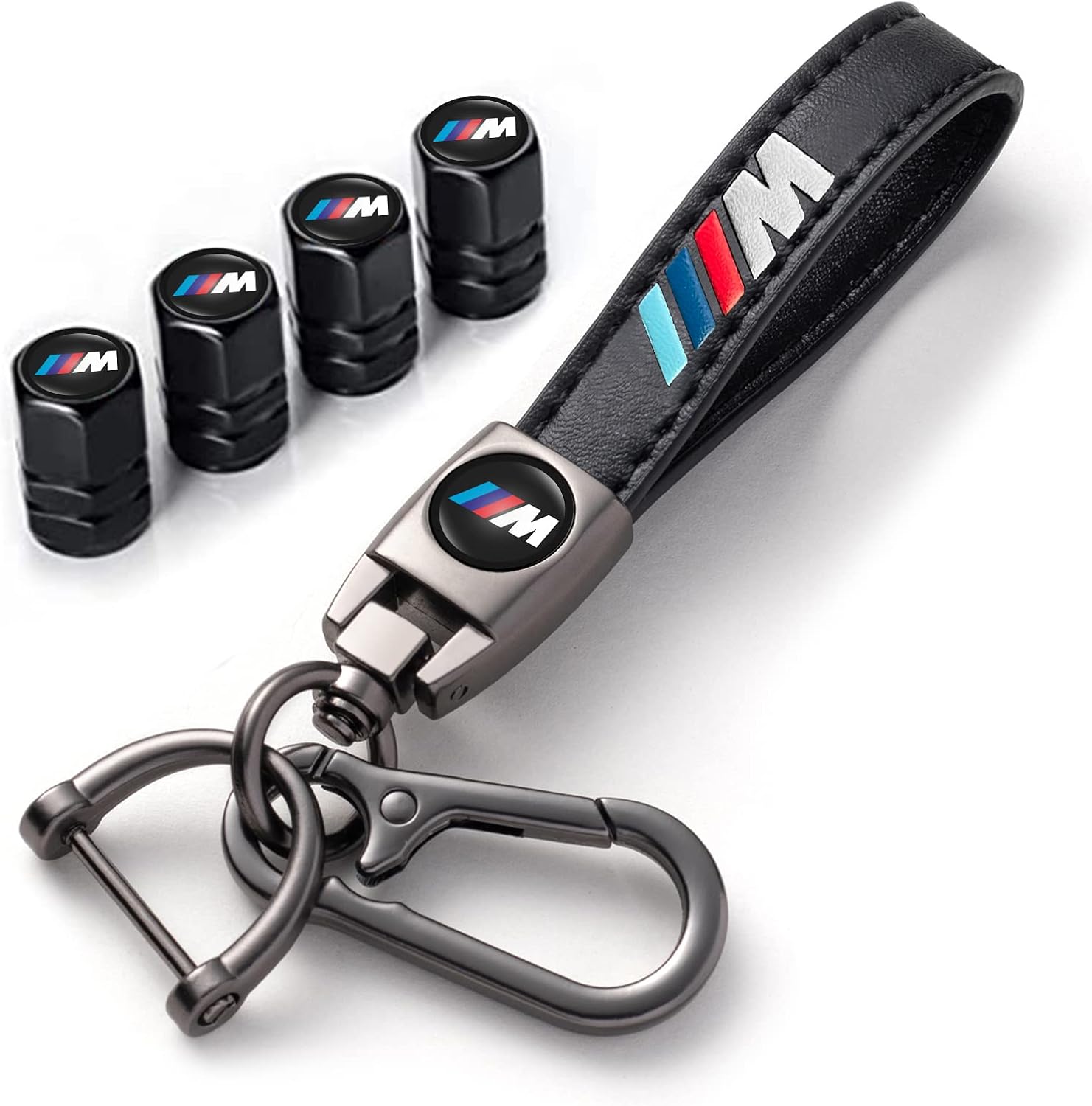 for BMW M Keyring with Car Tyre Dust Caps, Tyre Valve Caps and Car Keychain Compatible with BMW M M2 M4 M5 M6 M8 X1 X2 X3 X5 X6 M135i M240i Z4 328i X7, Black
