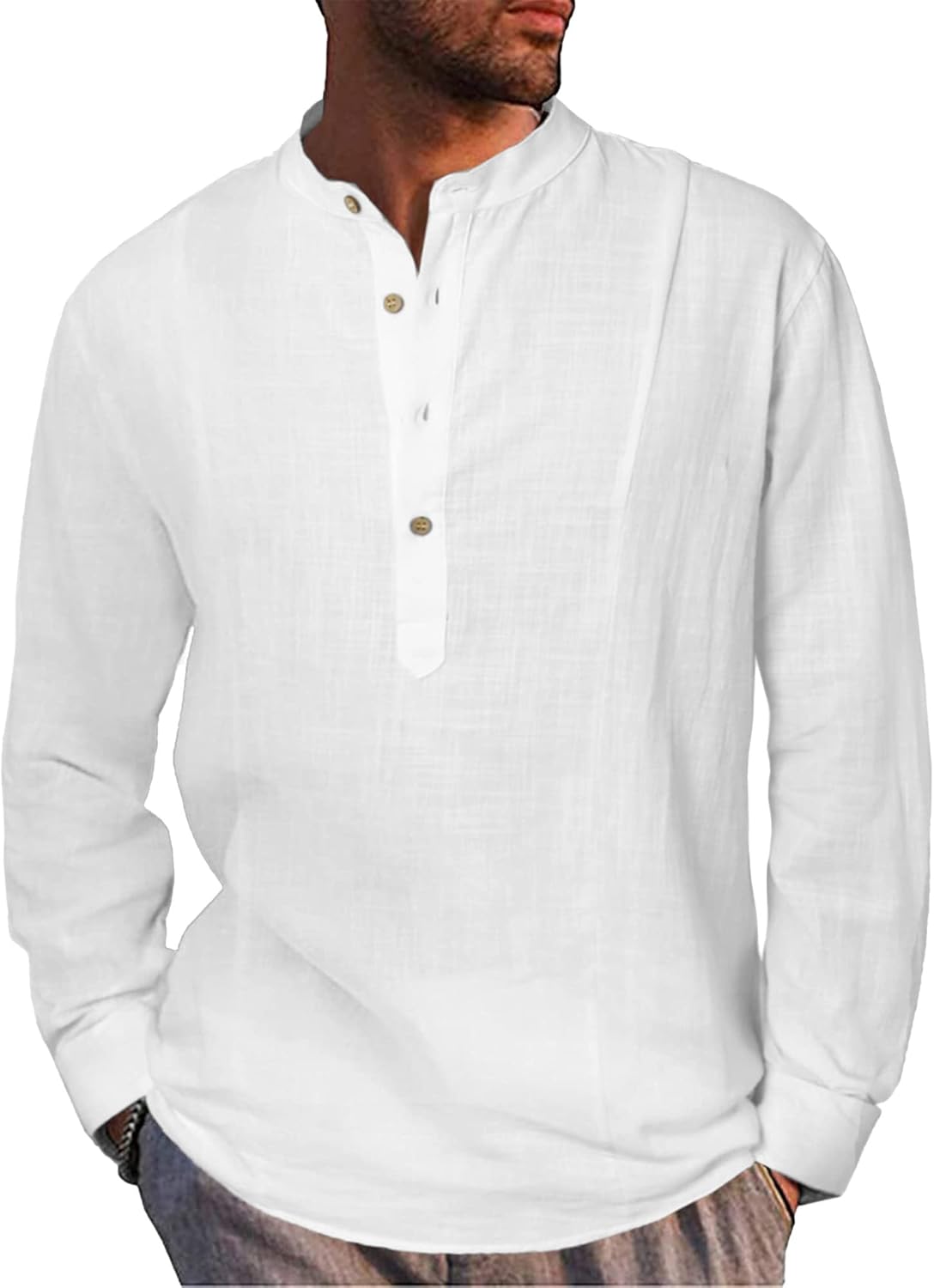 LVCBL Mens Linen Shirts Long Sleeve Casual Button Down Henley Shirts Summer Loose Fit Shirt Tops