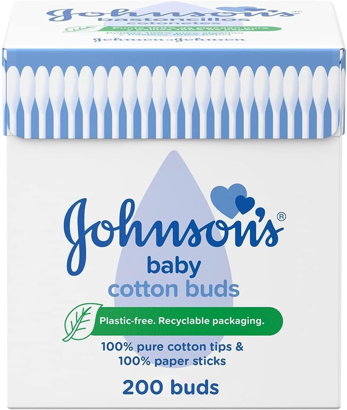 Johnson's Baby Cotton Buds (1 x Pack of 200) Soft & Gentle Ear Buds for Delicate Skin, Made of 100% Pure Cotton and Paper Sticks, Plastic-Free to Clean Delicate Areas, around Eyes and Outer Ear