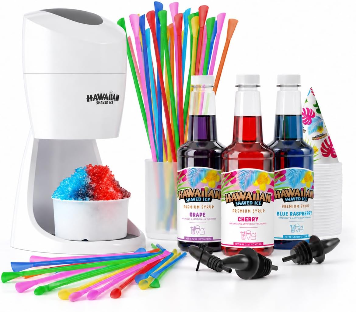 Hawaiian Shaved Ice Machine Kit - 3 Flavors, 25 Cups, Straws, Pourers, Ice Molds