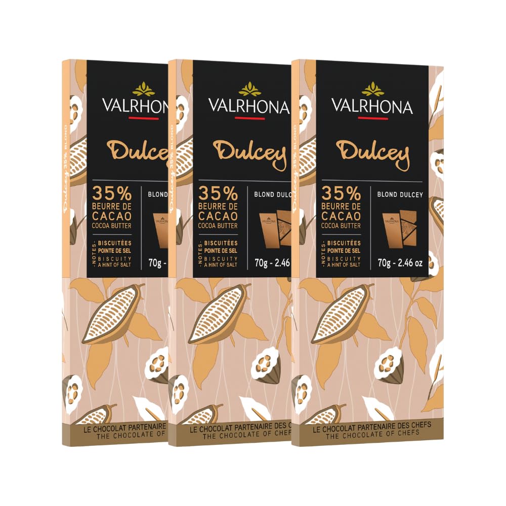Valrhona Premium French Blonde Chocolate DULCEY 35% Cacao Tasting Bars - Creamy, Caramel Cookie Flavor Notes. Easy Melt and Tempering. Creamy and Balanced. Makes Luscious Frostings 70g (Pack of 3)