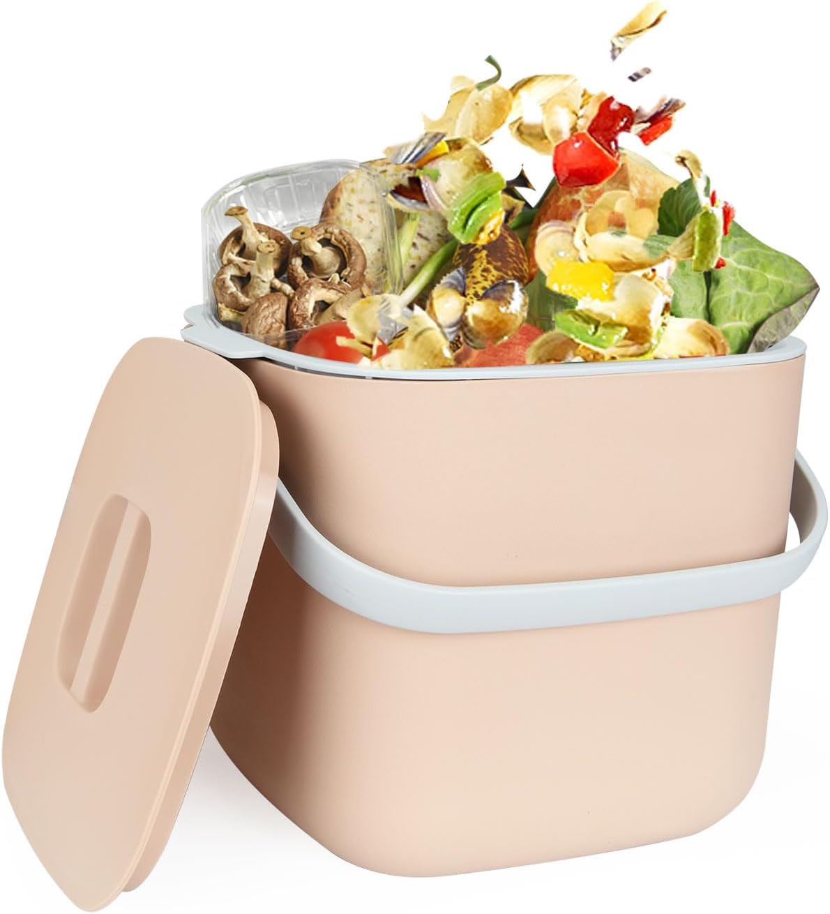 ASelected Kitchen Food Waste Compost Caddy Bin, Countertop Bin, 6.5L, For Food Waste Recycling, Plastic Container With Removable Filter Inner Bucket, With Lid And Handle, Light Coffee