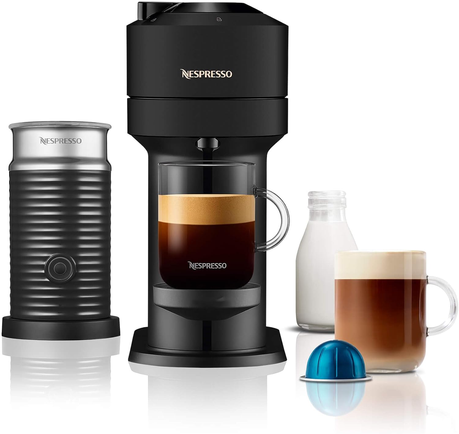 Nespresso Vertuo Next Coffee Machine by De'Longhi with Aeroccino Milk Frother, Over 30 Varieties of Pods, 6 Coffee Cup Sizes, Latte, Cappuccino, Starter Capsule Set Included, EN120.BMAE, Matte Black | Brews 5 cup sizes with integrated milk frother for lattes and cappuccinos, for Vertuo pods. 12 pod discovery box included.