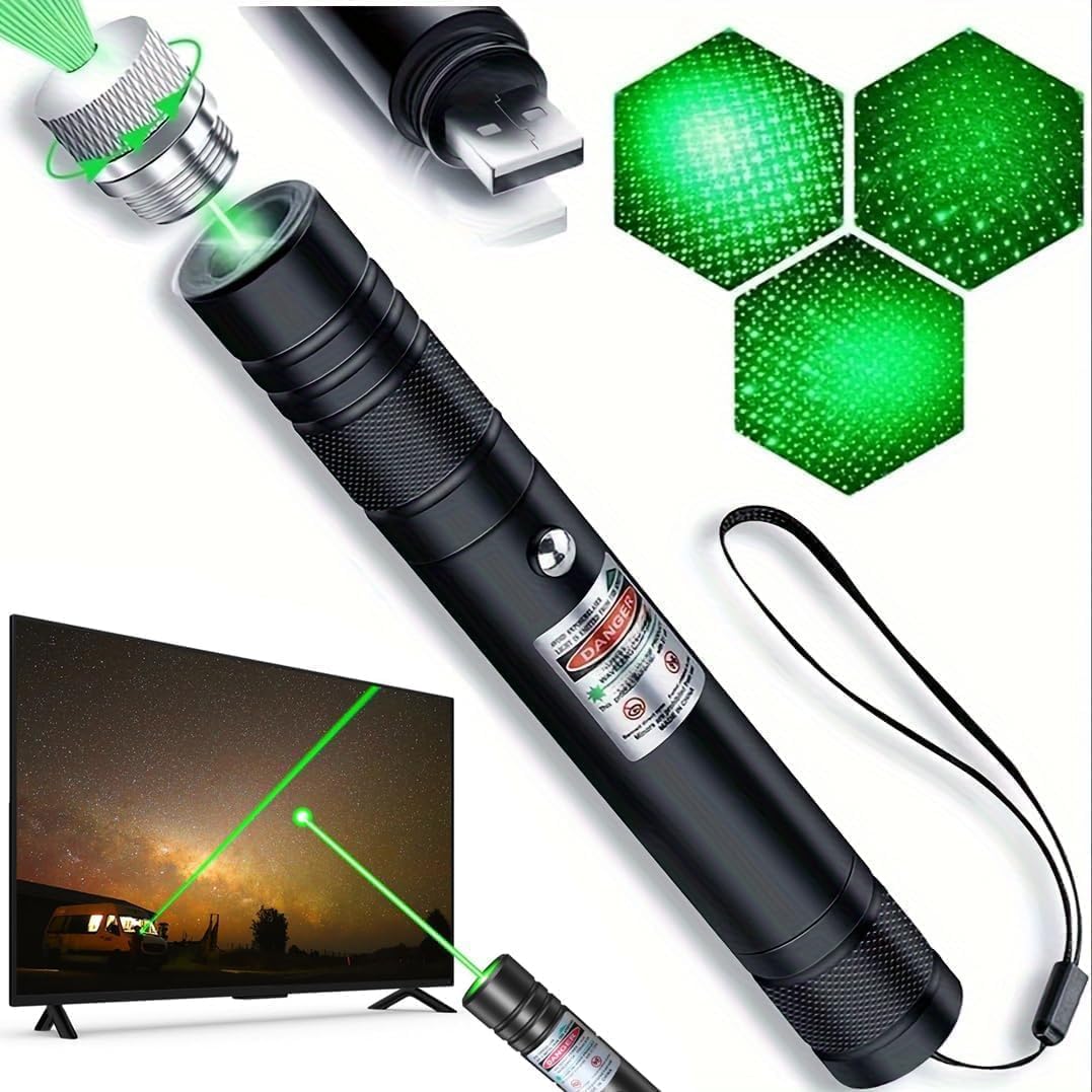 Damflew Green Laser Pointer, USB-A Charging, Laser Beam with Starry-Sky Cap | Starry-Sky Patterns, Switch to a Single-Point Beam, for Hiking, Presentations & Outdoor Use (Professional-Grade Green Light)