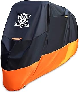 XYZCTEM Motorcycle Cover – All Season Waterproof Outdoor Protection – Precision Fit up to 108 Inch Tour Bikes, Choppers and Cruisers – Protect Against Dust, Debris, Rain and Weather(XXL,Black& Orange)