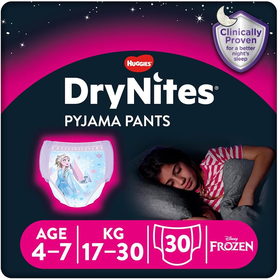 Huggies DryNites, Girls’ Pyjama Pants - Sizes 4-7 Years (30 Pants) - Unbeatable Night Time Protection with Discrete Protection and Fun Designs