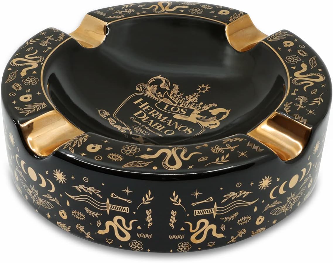 Large Cigar Ashtray for Outdoor Outside Patio Indoor, Ceramic Ash Tray Fancy & Cool 4 holders perfect cenicero for your cigarros, Luxury Ashtrays for men (Hermanos Diablo Mystique)
