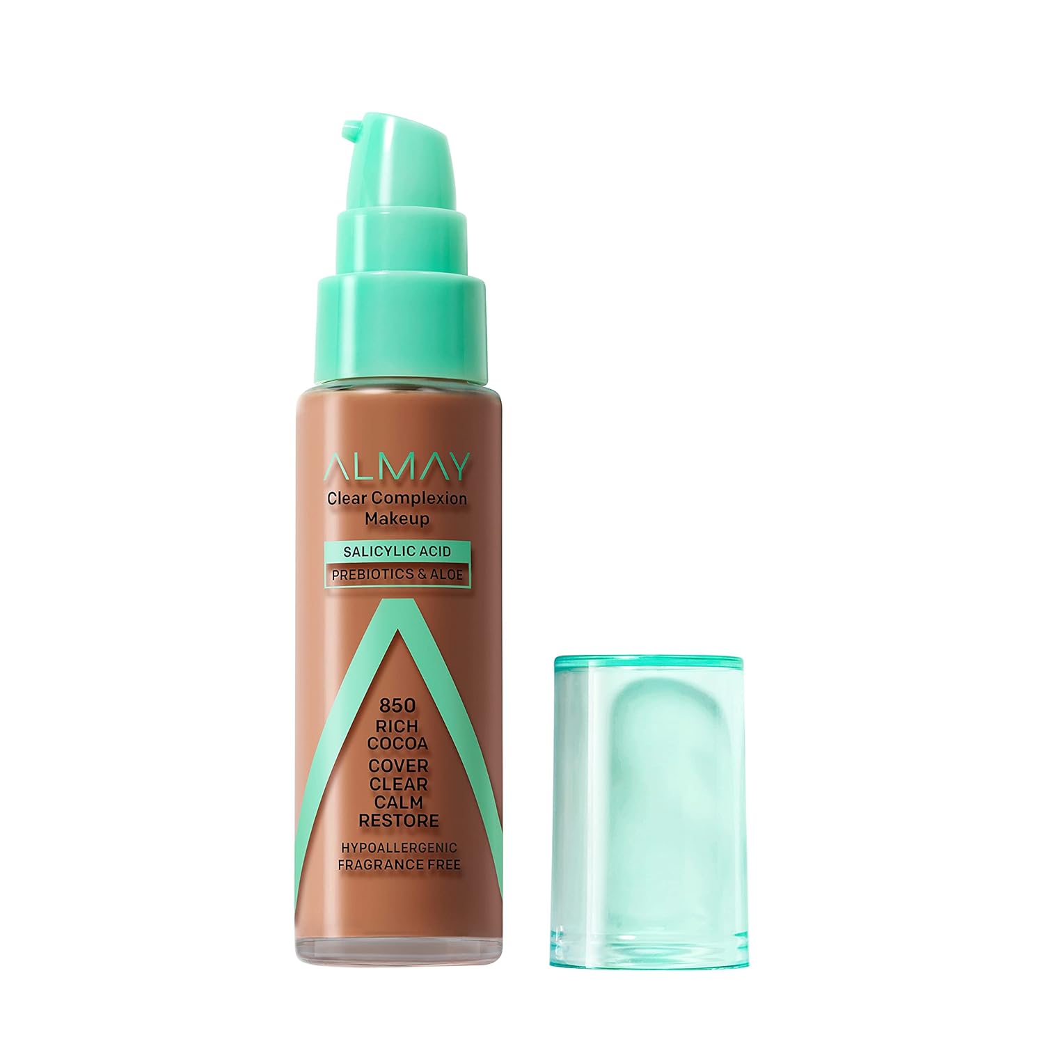 Almay Clear Complexion Acne Foundation Makeup with Salicylic Acid, Medium Coverage, Soft Matte Finish, Hypoallergenic, Cruelty- & Fragrance-Free, Dermatologist Tested, 850 Rich Cocoa, 1 fl oz