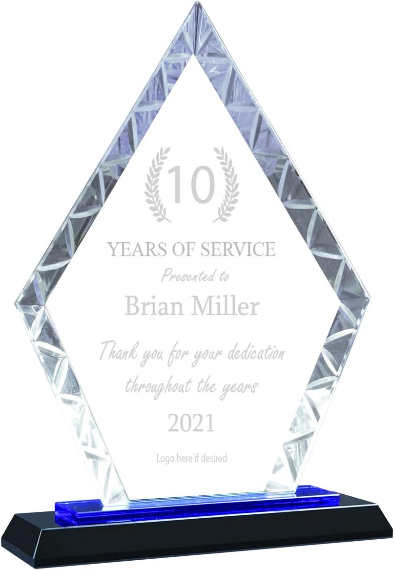 Personalized 9" Blue Diamond Accent Engraved Glass Plaque Award, Custom Engraved Glass Awards Plaques and Trophies for Employee Appreciation, Recognition, Retirement