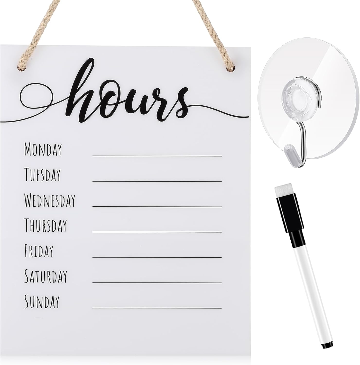 3 Pcs Dry Erase Store Hours Sign Set Include 8 x 10 Inch Erasable Business Hours Sign with Rope Dry Erase Maker and Suction Cup for Office Cafe Restaurant Outside Window Door
