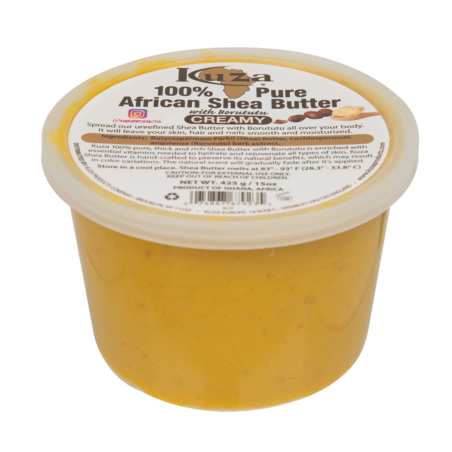 Kuza 100% African Shea Butter with Borututu - Creamy, Yellow - for Skin, Hair and Nails, 15 oz