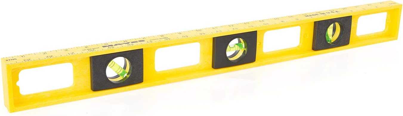 Mayes 10101 Polystyrene 2 Ft Level, 24 Inch Level Made in the USA, Contractor, Plumber, and Carpenter Tools, Impact Resistant Frame, Three Vials, Accurate to .001 Inch, Won’t Scratch Work Surfaces