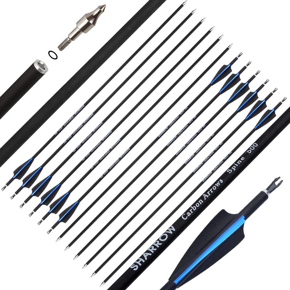 SHARROW 32" Archery Carbon Arrows 500 Spine Targets Arrows Hunting Arrows with 3" Rubber Feathers Practice Arrows for Recurve Bow Compound Bow and Arrow Adult Hunting Longbow
