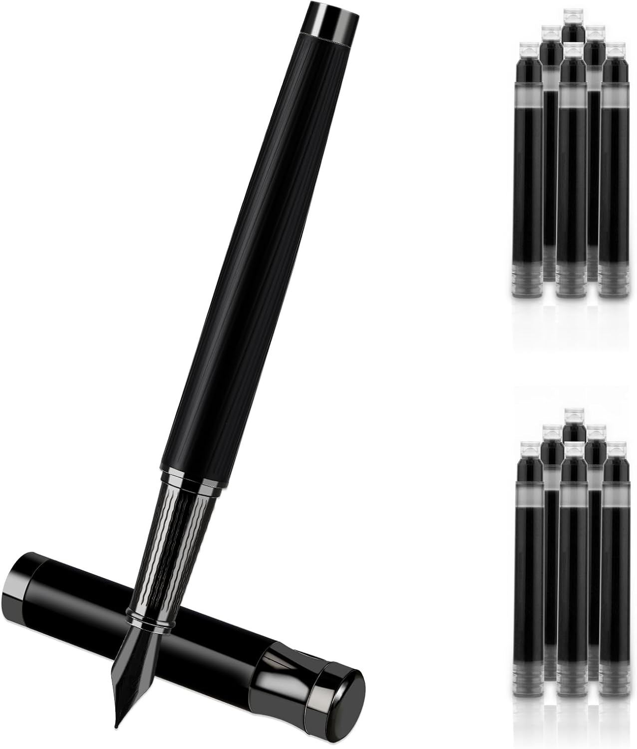 Luxury Metal Pen Set - Fine Nib Fountain Pen with Converter and 10 Black Ink Cartridges for Smooth Writing, Business Office Use (Black)
