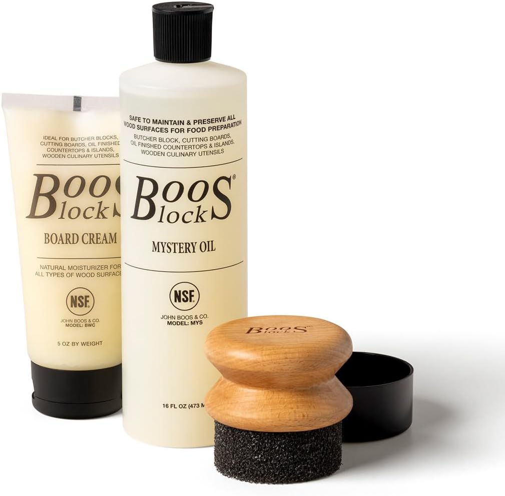 Boos Block Chopping Board Oil and Wax Set - Mystery Oil (16 oz) + Board Cream (5 oz) + Wax Applicator - Cutting Board Oil - Butchers Block Oil - Chopping Board Wax - Beeswax - Food Grade Mineral Oil
