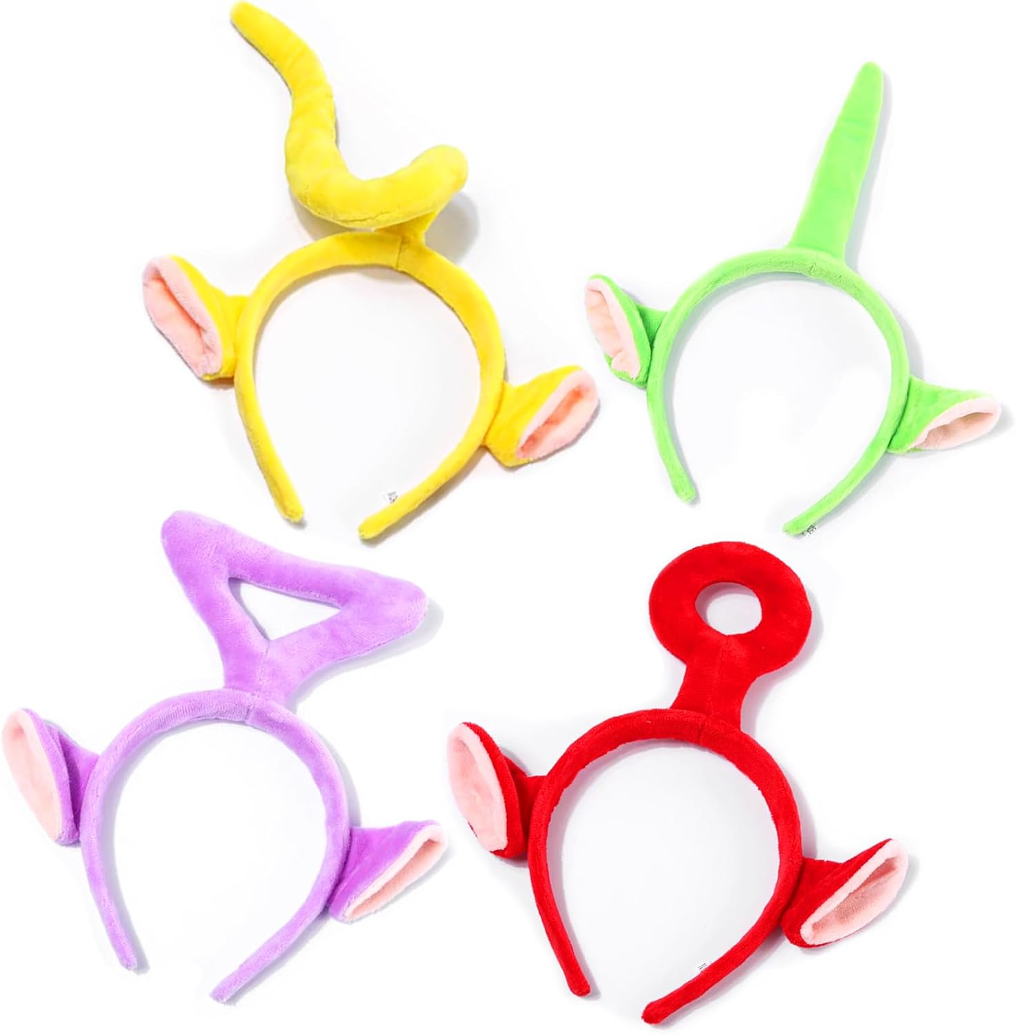 Aonuily Teletubbies Headband, 4 Pcs Teletubbies Cartoon Character Headband Tinky Winky, Po, Laa-Laa, Dipsy Fancy Dress Costume Hair Band Birthday Accessories for Adults Kids Gift