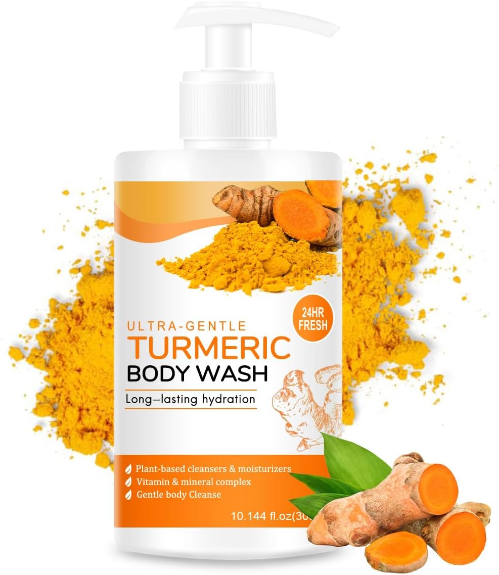 Turmeric + Vitamin C Exfoliating Body Wash, Body Lotion for All Skin Types Skin Gentle Bath Wash Hydrating & Cleansing, Exfoliating Turmeric Face Lotion, Nourishes Skin