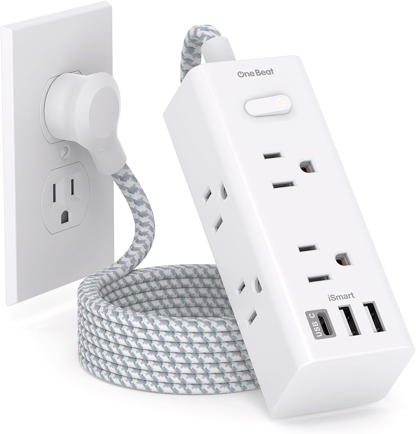 Power Strip Surge Protector - One Beat 6 Widely Outlets with 3 USB Ports (1 USB C), 5 Ft Extension Cord Flat Plug, Wall Mount Outlet Extender Small Power Strip for Travel Home Office College Dorm Room
