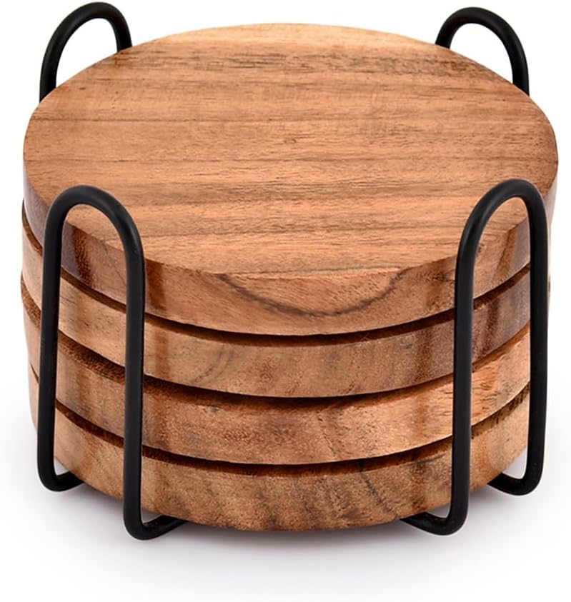 EDHAS Acacia Wood Coasters for Drinks with Iron Holder Stand for Coffee Table, Tabletop Protection Decor, Set of 4