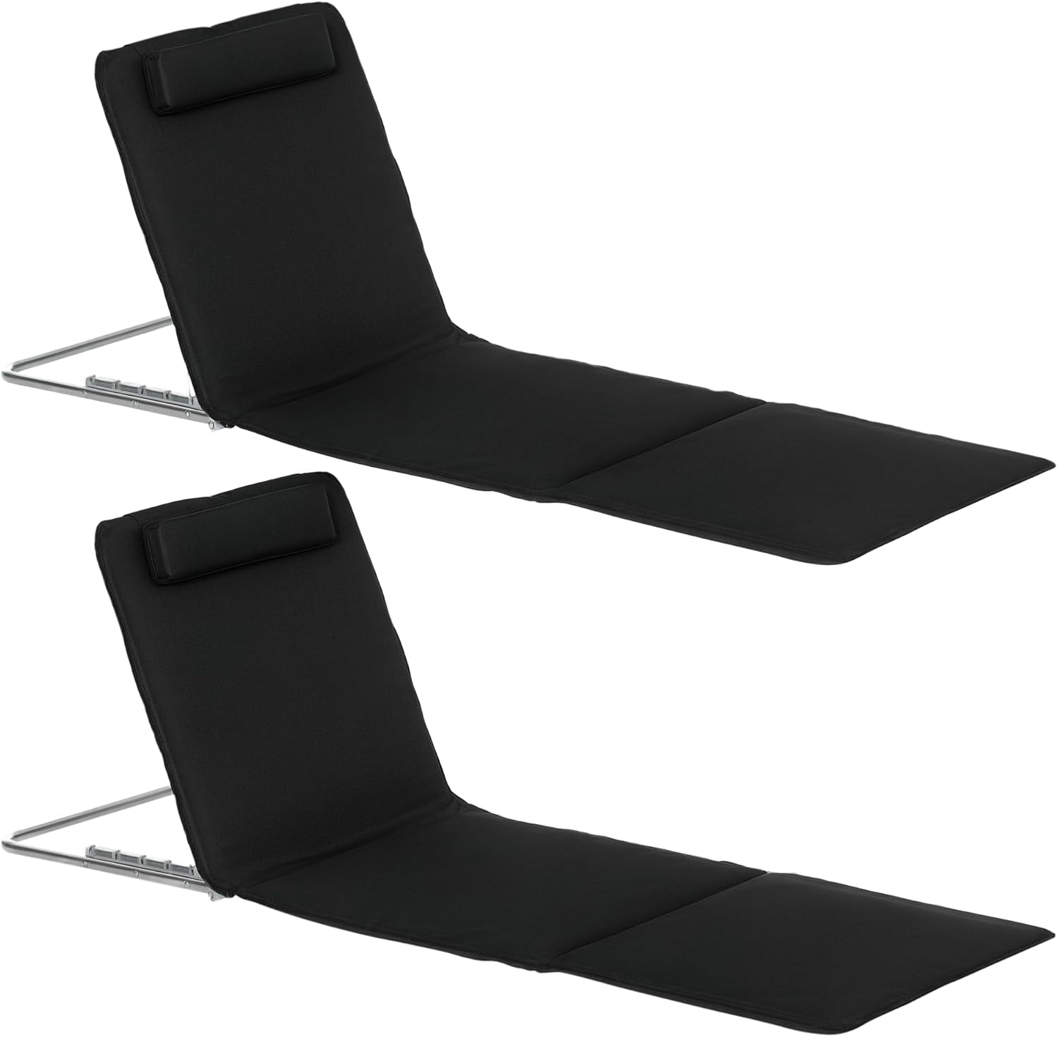 Outsunny Set of 2 Foldable Garden Beach Chair Mat Lightweight Outdoor Sun Lounger Seats Adjustable Back Metal Frame PE Fabric Head Pillow w/Carry Bag, Black