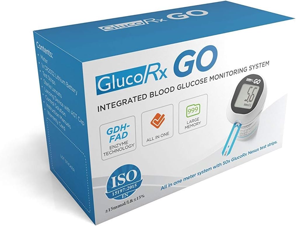 GlucoRx Go Blood Glucose Meter with 50 Free Test Strips