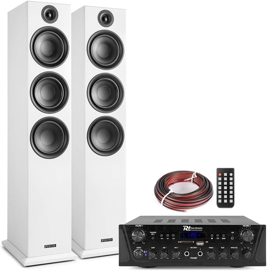 Fenton SHF80W Tower Speakers Home Hi-Fi Stereo Audio System with PV220BT Bluetooth Amplifier, 3-Way 6.5" Woofers, FM Radio & USB Playback, White Finish (Pair)