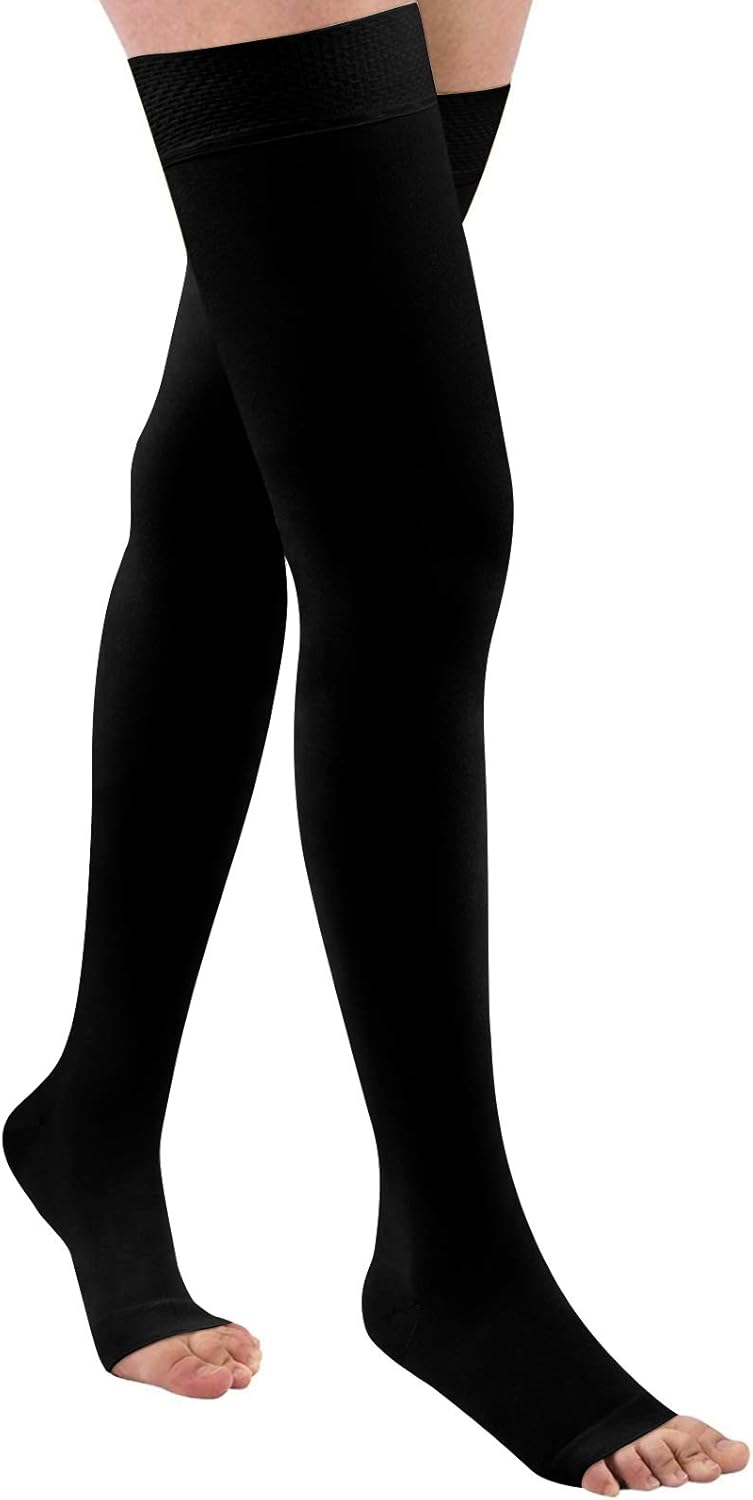 Evolyline Medical Open Toe Thigh High Compression Socks for Women & Men, Beige Compression Stockings toeless 20-30 mmHg Graduated Support Stockings for Varicose Veins, Edema, Flight