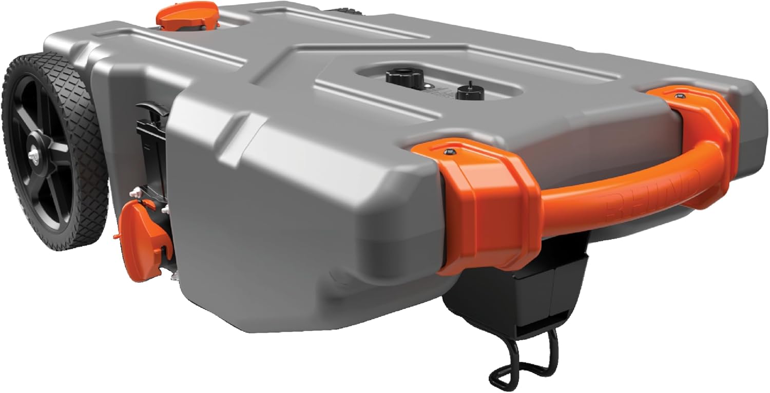 Camco Rhino 28-Gallon RV Tote Tank - Features Large Heavy-Duty No-Flat Wheels & Built-in Gate Valve - Removable Steel Tow Adapter, 3’ Sewer Hose & More RV Accessories (39004)
