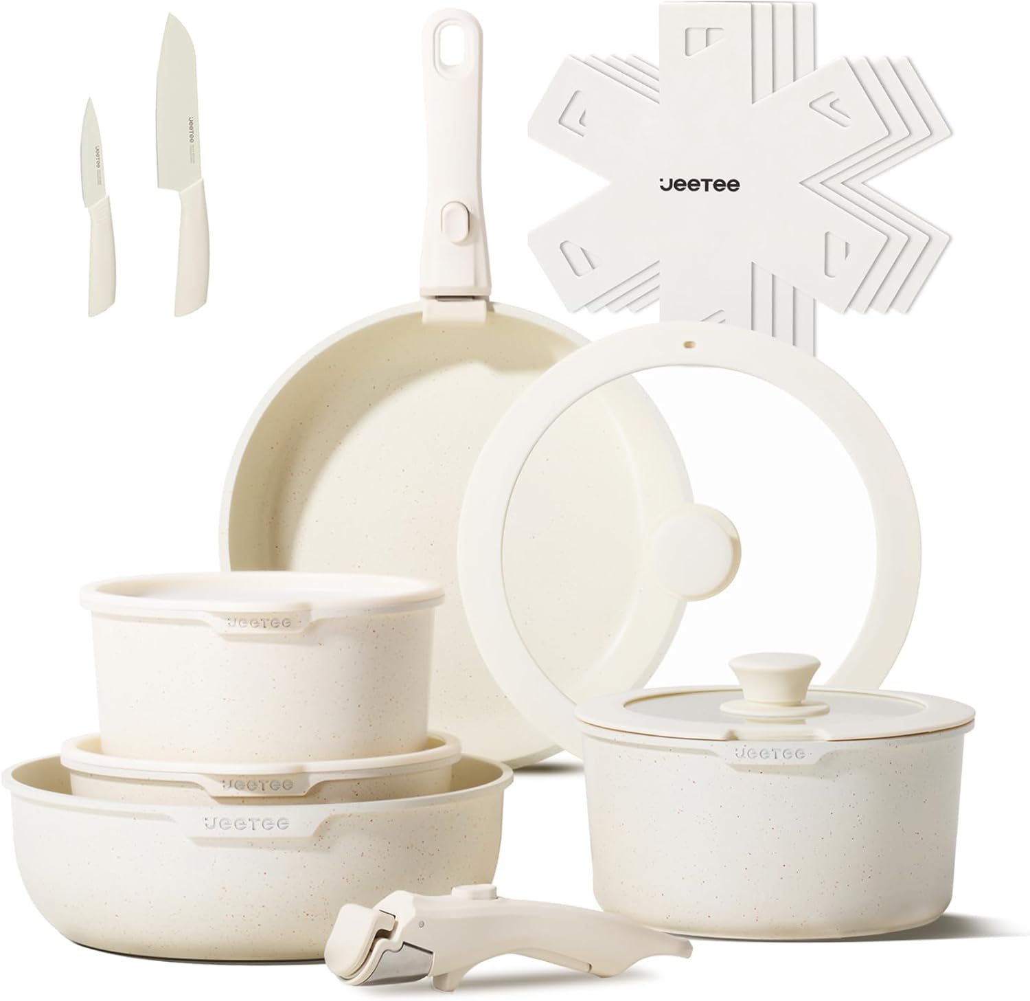 JEETEE Pots and Pans Set Non Stick 17pcs, Kitchen Cookware Sets with Detachable Handle, Induction Nonstick Cookware Set with Removable Handle, Stackable RV Cookware, Oven Safe, PFOA Free, Beige