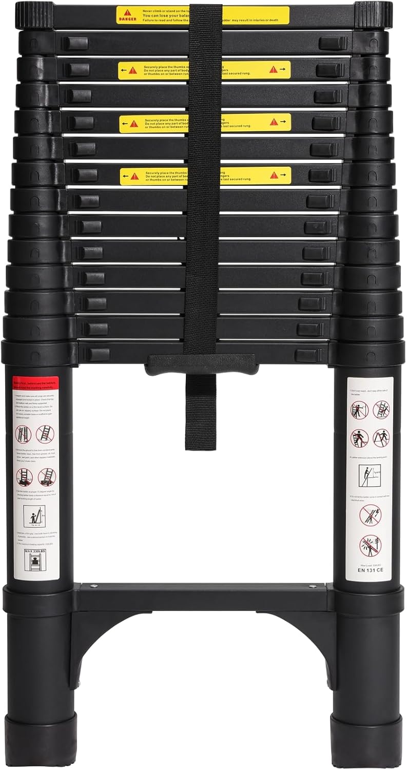 BOCOM 14.5 FT Aluminum Telescoping Ladder, Lightweight Multi-Purpose Collapsible Extension with 2 Triangle Stabilizers, Heavy Duty 330 lbs Max Capacity, Ideal for Home, RV, and Outdoor Work Black