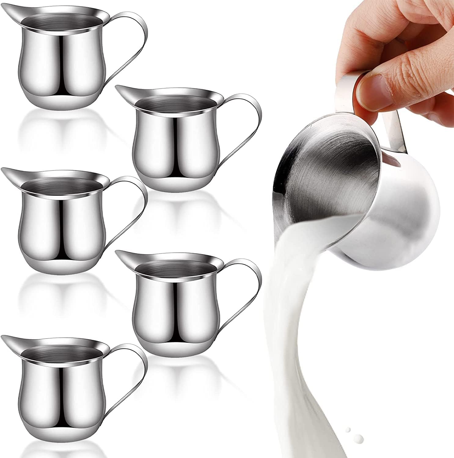 Yesland 6 Pack 3 oz Bell Creamers, 90ml Stainless Steel Wide Mouth Creamer Pitcher with Pouring Spout for Cream, Milk & Sauce, Restaurant, Cafes, Home Used