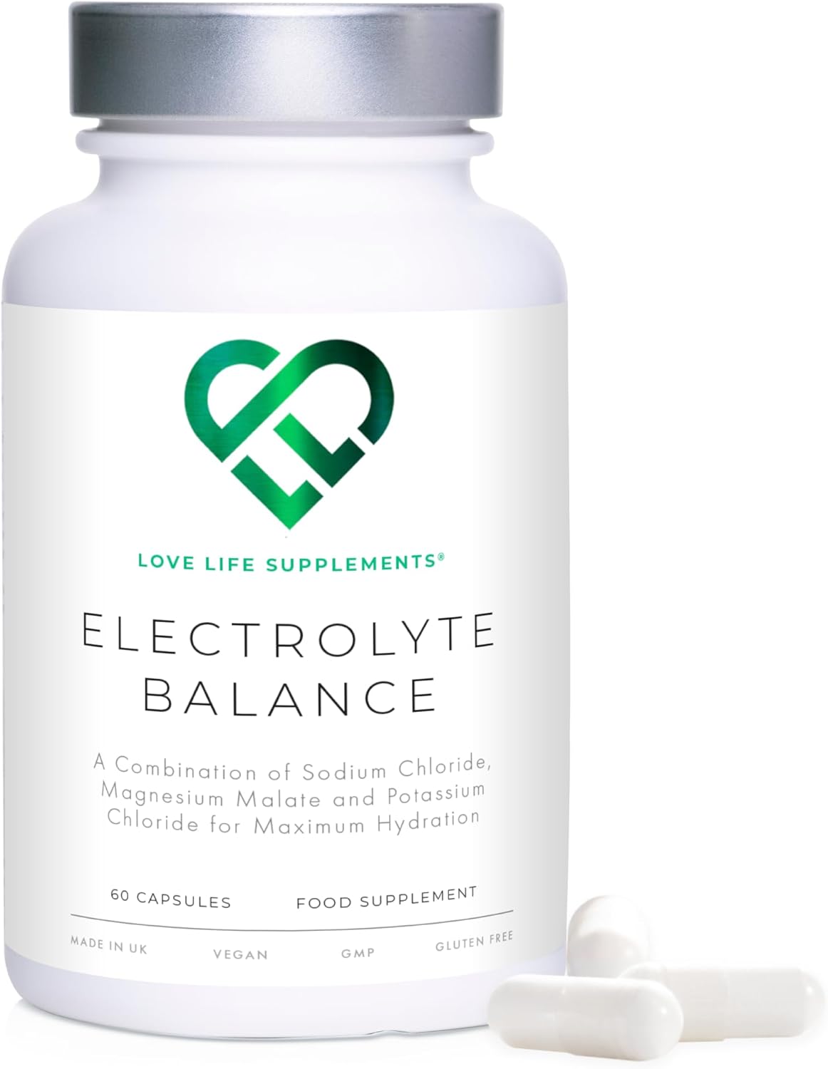 Electrolyte Balance, 60 Capsules, 30 Servings, High Strength 1000mg Sodium Chloride, Magnesium & Potassium for Maximum Hydration, Sugar Free Electrolytes Tablets, Zero Fillers - Love Life Supplements
