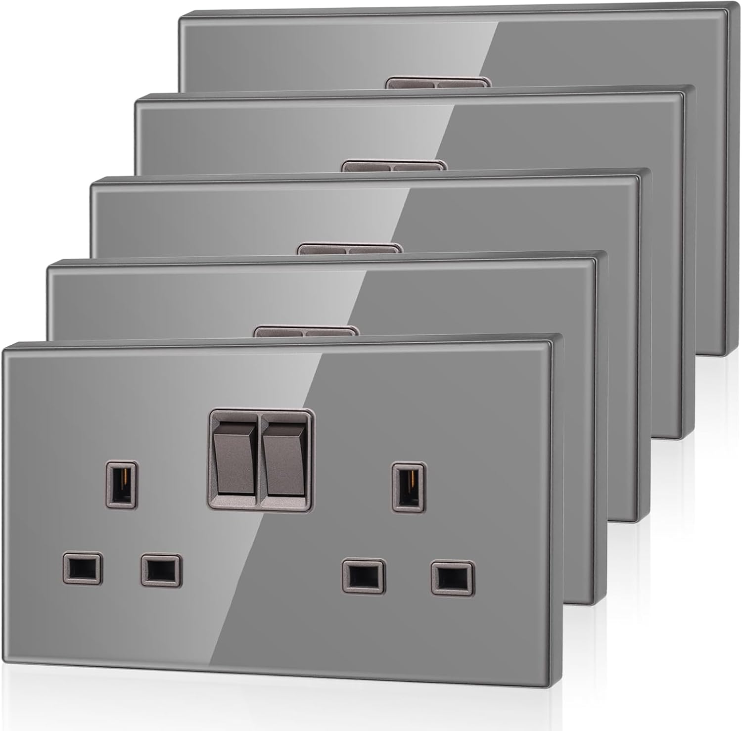 5 Pack CNBINGO Glass Double Switched Power Socket, Electric Power Sockets 2 Gang 13 Amp, Grey Double Wall Outlet with Tempered Glass Panel