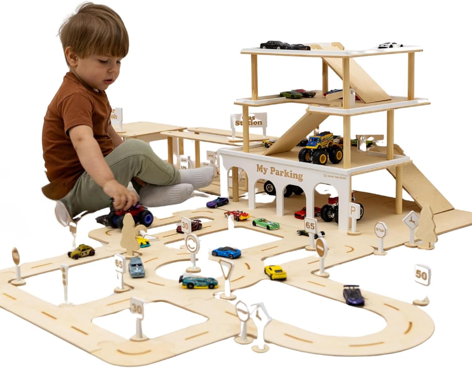 Enjoy The Wood Parking Garage for Toy Cars 2.0 (Small, Natural)