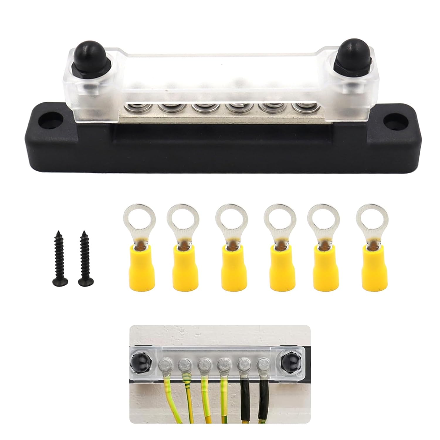 Bus Bar 12v Busbars 12v-48v Bus Bar 150A 6 Terminal Block Screws Terminals Distribution Block for Car,Boat,Marine,Caravan,Rv (Black)