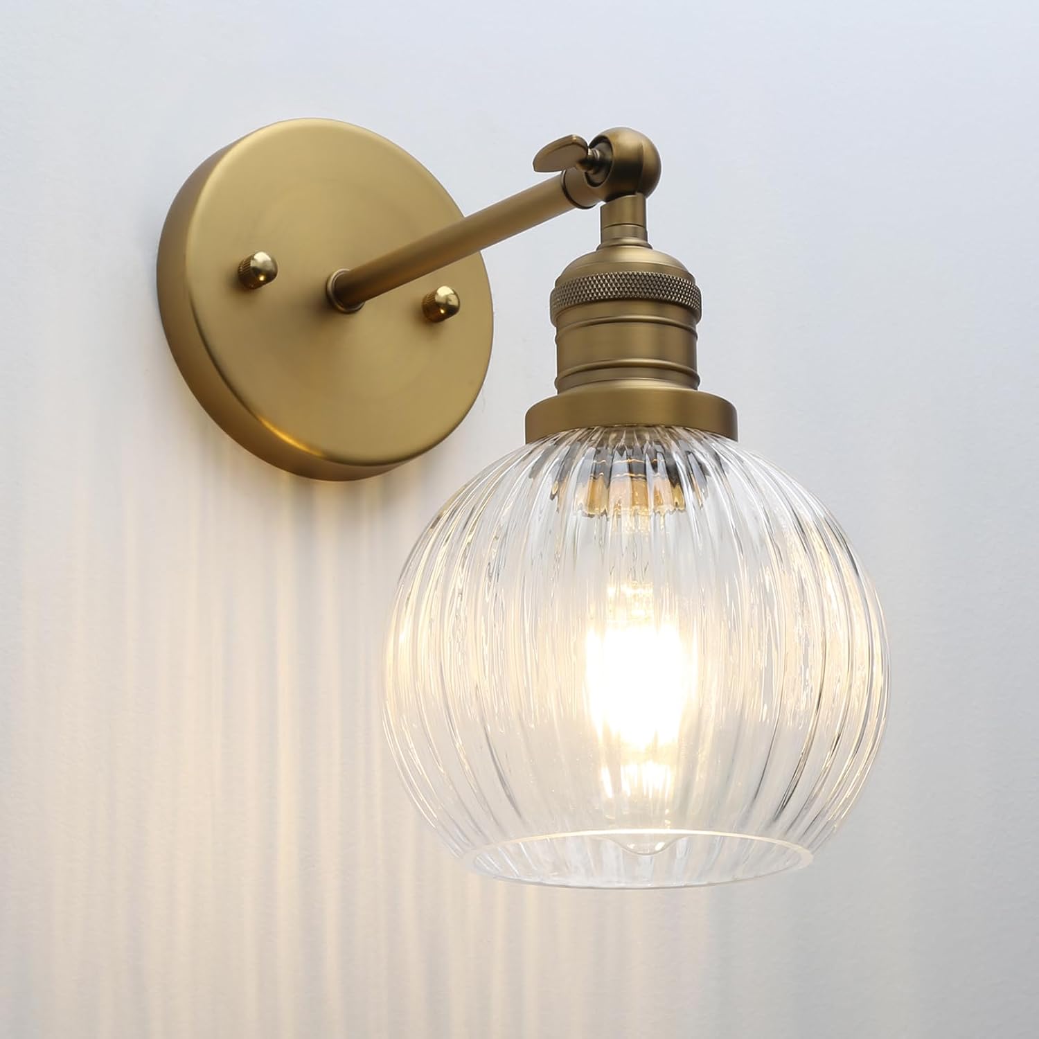 Vintage Wall Light Sconce with Clear Striped Glass Globe Shade, Modern Indoor Wall Vanity Light Fixture for Bathroom Living Room Bedroom