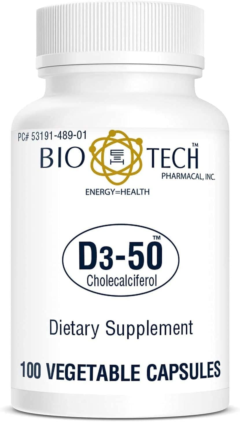 Bio-Tech Pharmacal D3-50 50,000 IU, 100 Vegetable Capsules – All-Natural Supplement – Supports Bone & Immune Health – No Dairy, Fish, Gluten, Peanut, Shellfish, & Soy