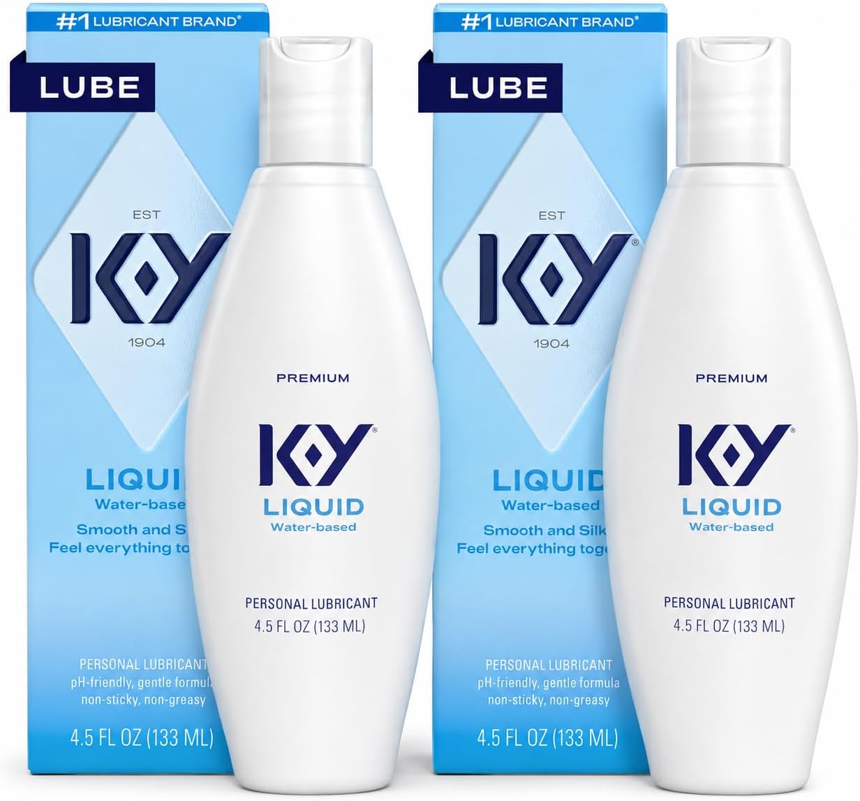 K-Y Liquid Lube, Personal Lubricant, NEW Water-Based Formula, Safe for Anal Use, Safe to Use with Latex Condoms, for Men, Women and Couples, Body Friendly 4.5 FL OZ (2 Pack)