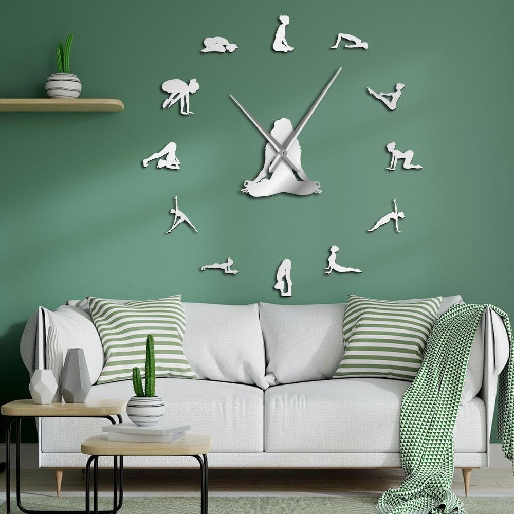 Yoga Poses DIY Giant Wall Clocks Find Your Balance Meditation Wall Art Home Dcor Modern Large Wall Clock Watch Mindfulness Gift(Silver,27inch)