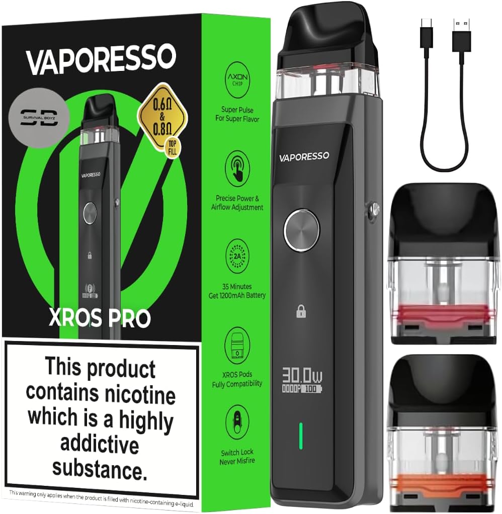 Vaporesso Xros Pro Pod Vape Kit [Black] - Available in 9 Colours - 1200mAh Battery, 2A Fast Charging (35 Min), 30W Output, First Super Pulse Pod - Works with all XROS Pods - No Nicotine