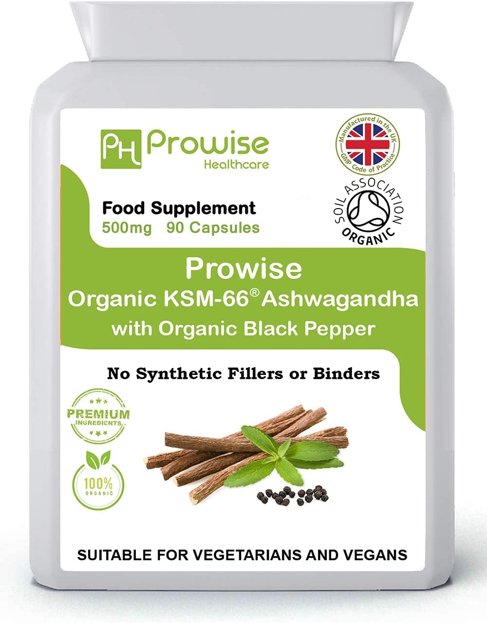 KSM-66 Ashwagandha with Organic Black Pepper 500mg 90 Capsules – UK Manufactured by Prowise Healthcare