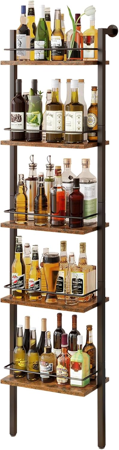 YMYNY 5-Tier Freestanding Wine Racks，Liquor Bottle Display Shelf with Fences, Wall Mounted Floating Shelf Storage Stand for Kitchen, Dining Room, 43 x 20 x 177CM Vintage Brown HWR001H