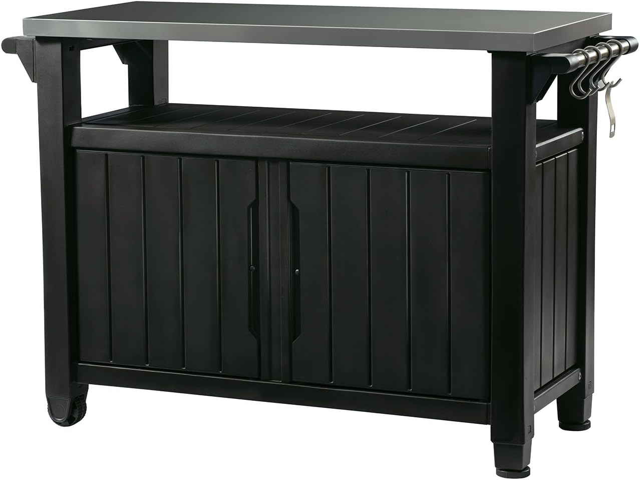 Keter Unity XL Outdoor Portable Table and Storage Cabinet with Hooks for Grill Accessories Stainless Steel Top for Patio, Kitchen, Island or Bar Cart, Dark Grey