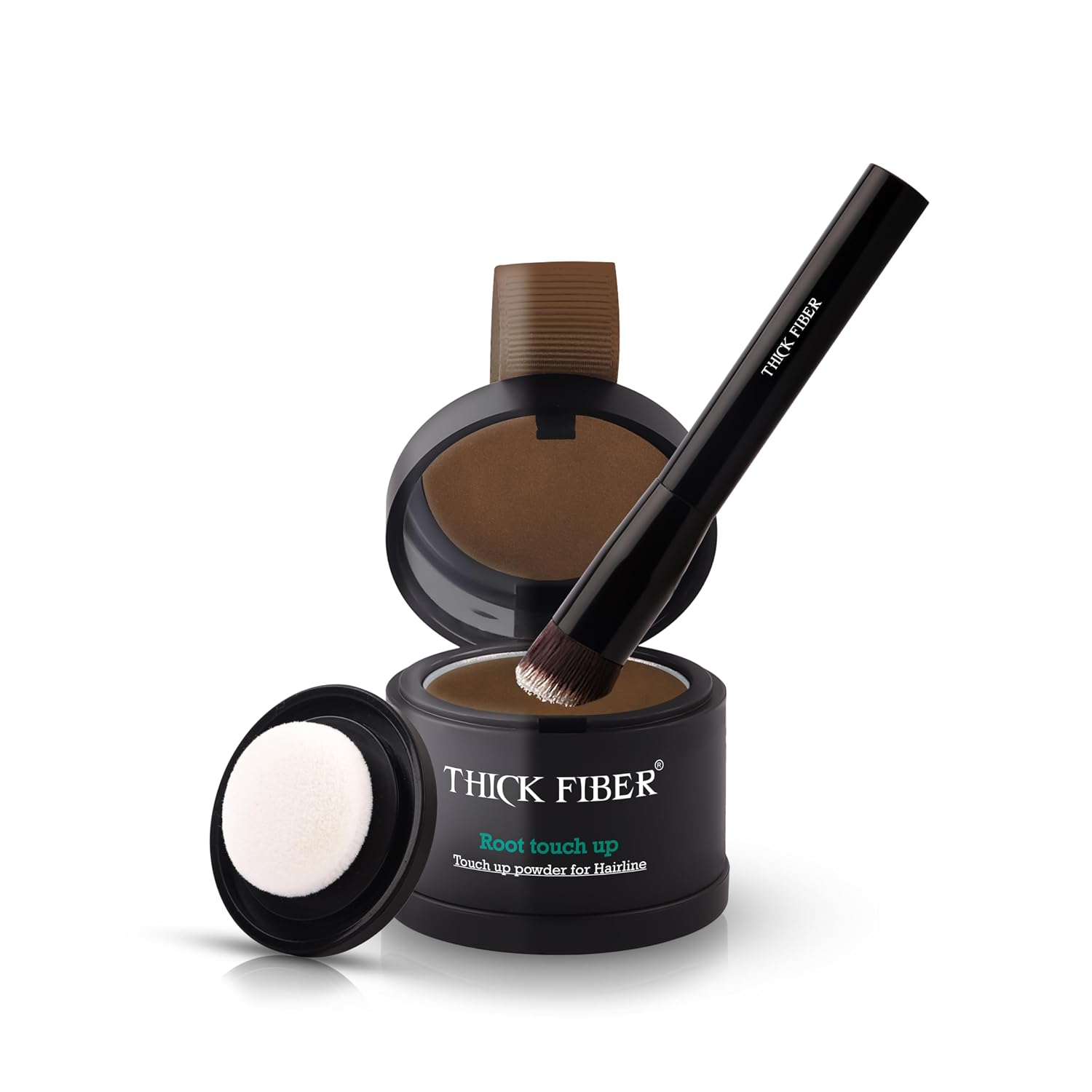 THICK FIBER Root Touch Up and Hairline Concealer - Water & Sweat Resistant Hair Loss Powder Set for Thinning Hair, Includes Brush (Light Brown)