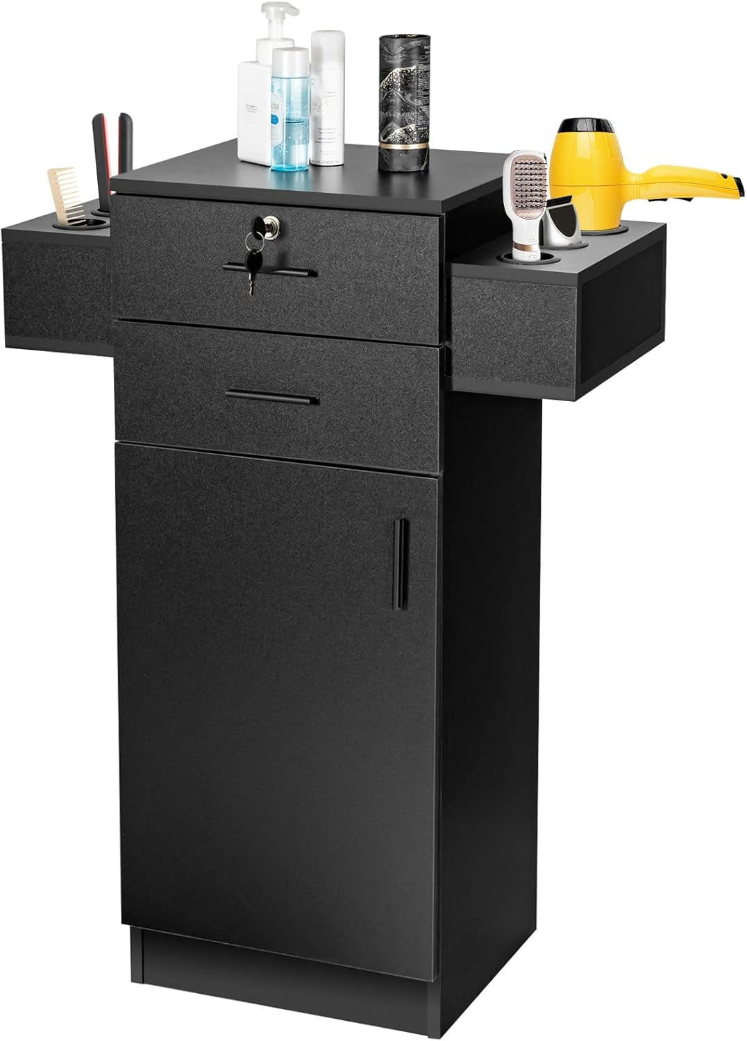 COSTWAY Beauty Salon Storage Cabinet, Lockable Hair Stylist Equipment Barber Station with 6 Hair Dryer Holders, 2 Drawers and 1 Door Cabinet, Salon Spa Hairdressing Storage Organizer (Black)