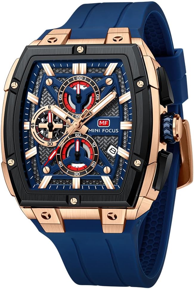 MF MINI FOCUS Men's Watch Analog Fashion Wrist Watch, Skeleton Tonneau Watch for Men with Chronograph,Ideal for Sports Enthusiasts and Daily Wear
